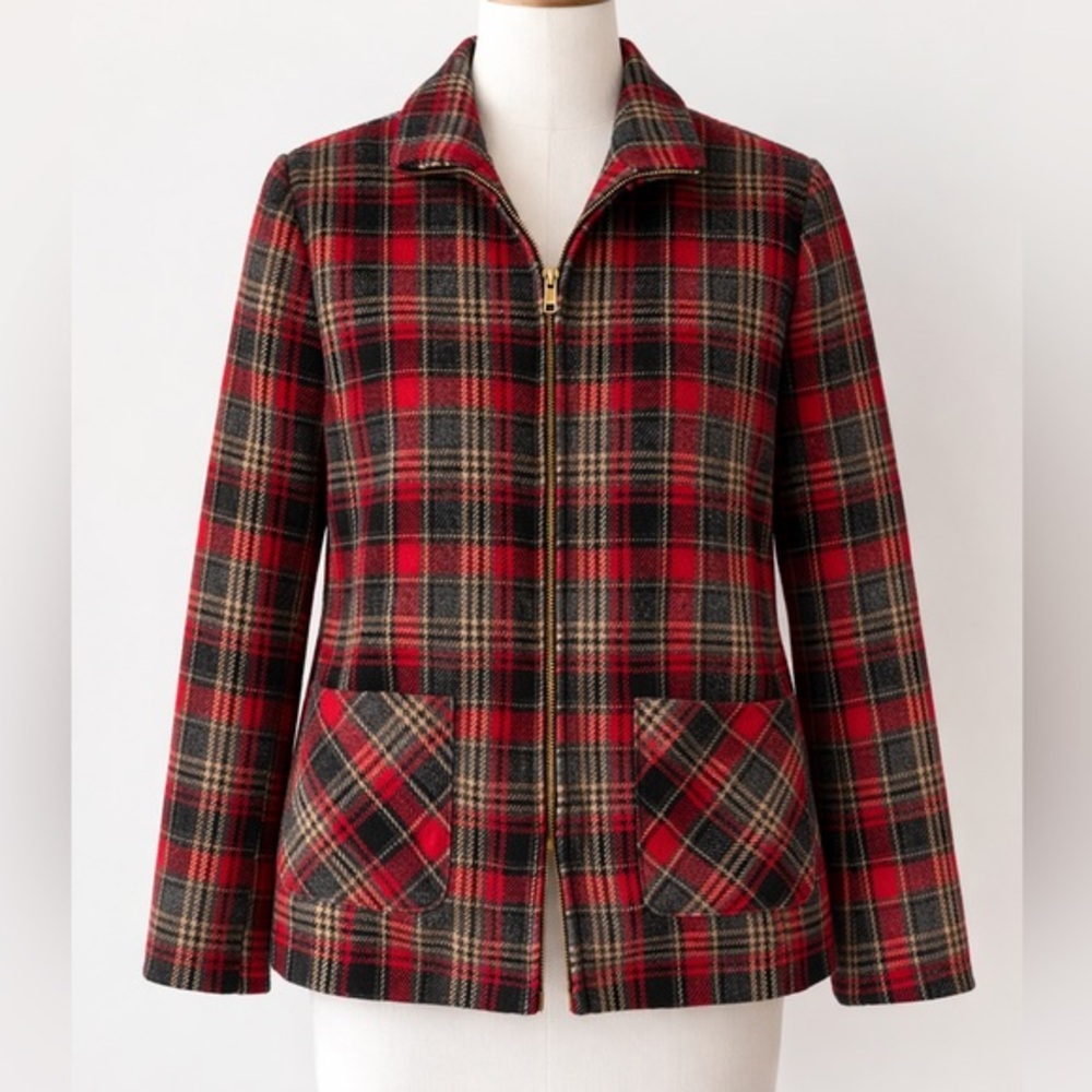 Vintage Wool Plaid Zip Jacket Red Tartan Preppy Classic Heritage Academia Sz 16
